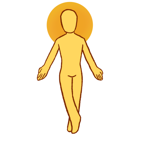 an emoji yellow person floating with their arms out by their sides and one of their legs crossed over the other. they’re surrounded by a yellow glow.
